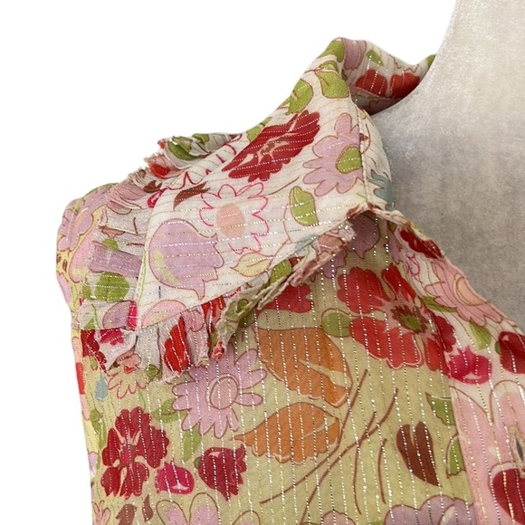 Manoush Floral Yellow Metallic Silver Pastel Ruffle Chiffon Midi Dress - 10 - Picture 7 of 16